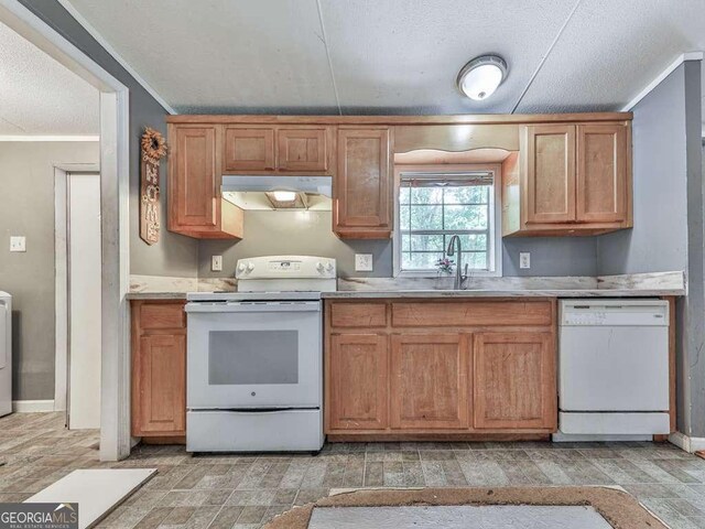108 Casual Ridge Run, Jasper, GA 30143 - kitchen featuring white appliances, under cabinet range hood, a sink, ornamental molding, and washer / clothes dryer