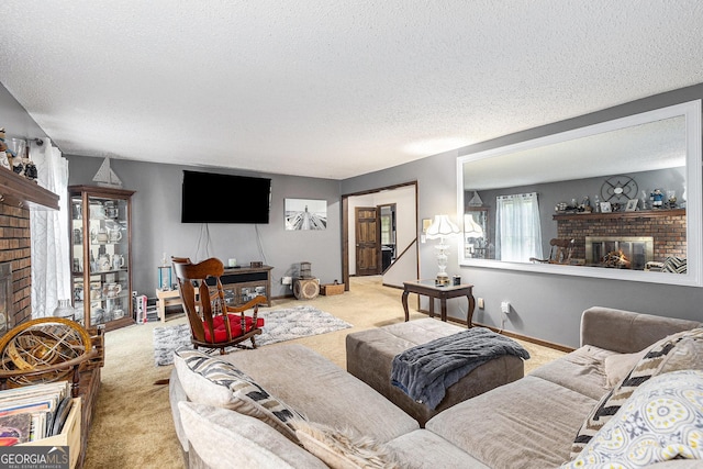 6230 S Summers Cir, Douglasville, GA 30135 - living room featuring a fireplace, carpet, and a textured ceiling