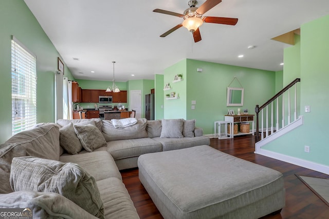 17 Sagefield Dr, Ellabell, GA 31308 - living room with plenty of natural light, dark wood-style floors, baseboards, ceiling fan, and recessed lighting