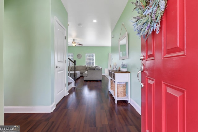 17 Sagefield Dr, Ellabell, GA 31308 - entrance foyer with dark wood-type flooring, ceiling fan, baseboards, stairway, and recessed lighting