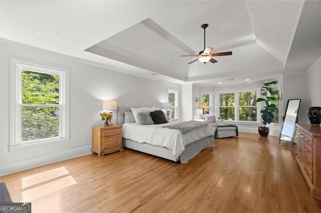 1860 Hill Chase, Alpharetta, GA 30022 - bedroom with a tray ceiling, light wood-style flooring, ornamental molding, baseboards, and ceiling fan