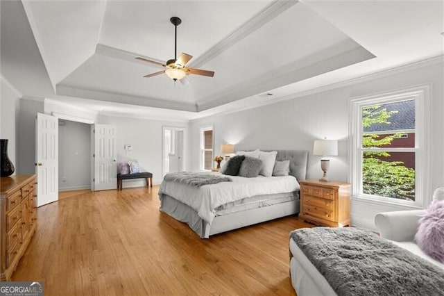 1860 Hill Chase, Alpharetta, GA 30022 - bedroom with a raised ceiling, light wood-style flooring, crown molding, and ceiling fan
