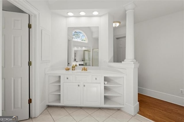 1860 Hill Chase, Alpharetta, GA 30022 - full bathroom with vanity, decorative columns, an enclosed shower, tile patterned flooring, and baseboards