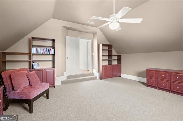 1860 Hill Chase, Alpharetta, GA 30022 - sitting room featuring vaulted ceiling, carpet floors, baseboards, ceiling fan, and built in features