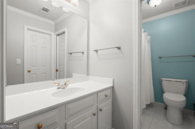 1860 Hill Chase, Alpharetta, GA 30022 - bathroom featuring vanity, ornamental molding, toilet, baseboards, and curtained shower
