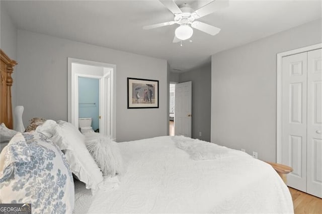 1860 Hill Chase, Alpharetta, GA 30022 - bedroom with a closet, light wood-type flooring, a ceiling fan, and ensuite bath