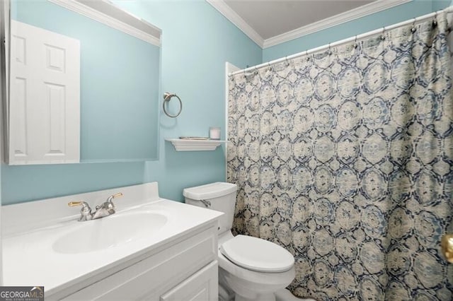 1860 Hill Chase, Alpharetta, GA 30022 - bathroom with vanity, crown molding, and curtained shower