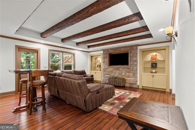 1860 Hill Chase, Alpharetta, GA 30022 - living room with a tray ceiling, wood finished floors, baseboards, and built in features