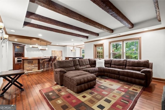 1860 Hill Chase, Alpharetta, GA 30022 - living area with hardwood / wood-style flooring, recessed lighting, beam ceiling, baseboards, and bar