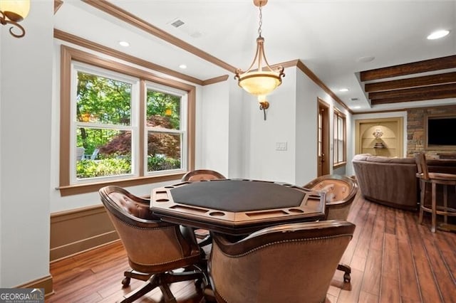 1860 Hill Chase, Alpharetta, GA 30022 - recreation room with hardwood / wood-style flooring, crown molding, a wainscoted wall, and built in shelves