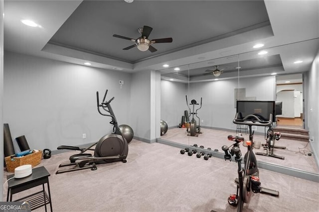 1860 Hill Chase, Alpharetta, GA 30022 - exercise area with a tray ceiling, a ceiling fan, recessed lighting, carpet floors, and baseboards
