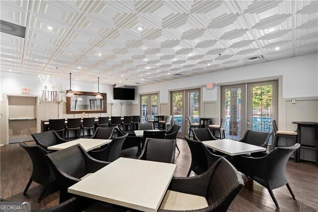 1860 Hill Chase, Alpharetta, GA 30022 - dining space with french doors, wood finished floors, an ornate ceiling, and recessed lighting
