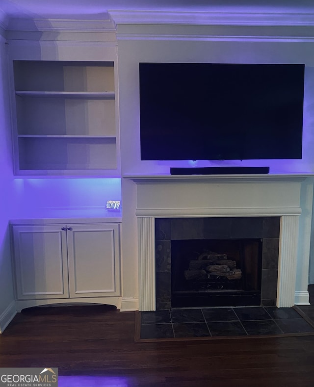 241 Perimeter Walk, Atlanta, GA 30338 - detailed view of a tile fireplace, wood finished floors, built in shelves, and crown molding