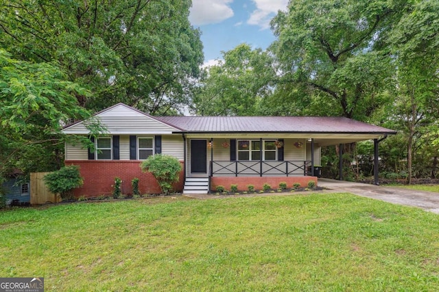 841 Martin Luther King Jr St, Rockmart, GA 30153 - ranch-style house featuring concrete driveway, a porch, a front lawn, a carport, and metal roof