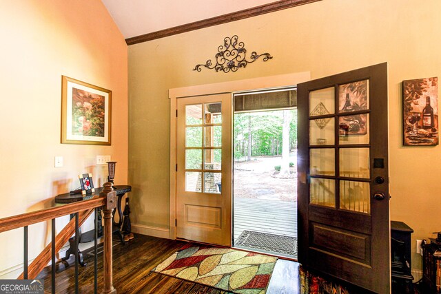 496 Cedar Valley Dr, Wedowee, AL 36278 - foyer entrance with dark wood-style floors, vaulted ceiling, and ornamental molding