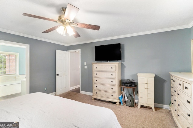 1112 Sutton Dr, Mcdonough, GA 30252 - bedroom featuring light carpet, crown molding, a ceiling fan, and ensuite bathroom
