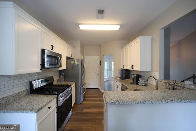 262 Devynwood Ln, Dallas, GA 30157 - kitchen with stainless steel appliances, dark wood-style floors, light stone countertops, and white cabinets