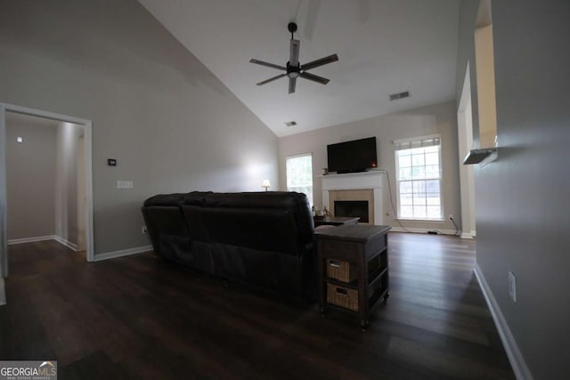 262 Devynwood Ln, Dallas, GA 30157 - living area featuring a ceiling fan, high vaulted ceiling, dark wood-style flooring, and a fireplace