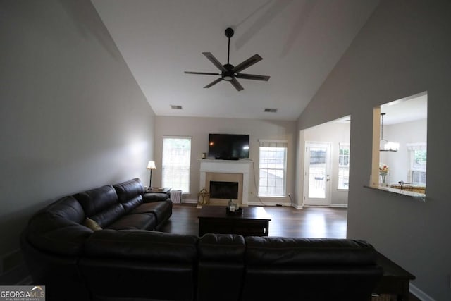 262 Devynwood Ln, Dallas, GA 30157 - living area featuring a fireplace, ceiling fan, dark wood-style floors, and high vaulted ceiling