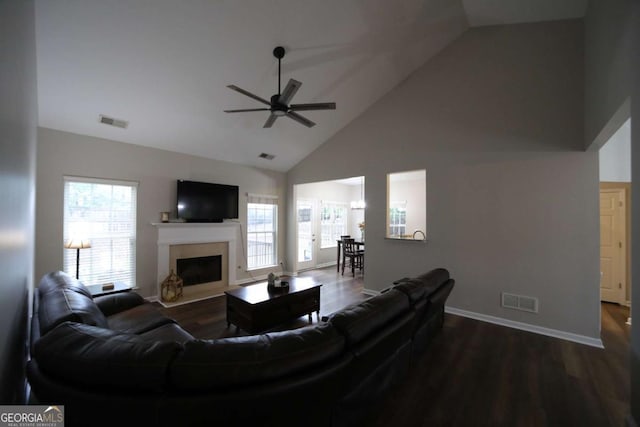262 Devynwood Ln, Dallas, GA 30157 - living area with high vaulted ceiling, a ceiling fan, plenty of natural light, dark wood-type flooring, and a fireplace