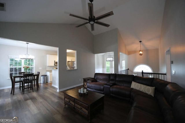 262 Devynwood Ln, Dallas, GA 30157 - living area featuring a chandelier, ceiling fan, dark wood-style floors, and high vaulted ceiling
