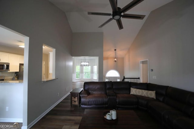 262 Devynwood Ln, Dallas, GA 30157 - living area featuring a ceiling fan, dark wood-style flooring, and high vaulted ceiling