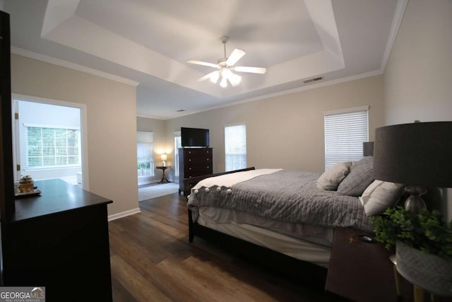 262 Devynwood Ln, Dallas, GA 30157 - bedroom featuring a tray ceiling, dark wood finished floors, ornamental molding, and a ceiling fan
