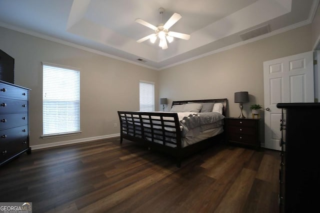 262 Devynwood Ln, Dallas, GA 30157 - bedroom with a raised ceiling, wood finished floors, ornamental molding, and ceiling fan