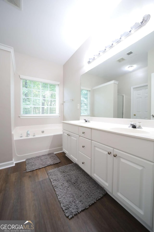 262 Devynwood Ln, Dallas, GA 30157 - bathroom with double vanity, wood finished floors, and a bath