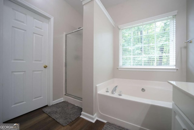 262 Devynwood Ln, Dallas, GA 30157 - full bath featuring a garden tub, a shower stall, wood finished floors, and vanity