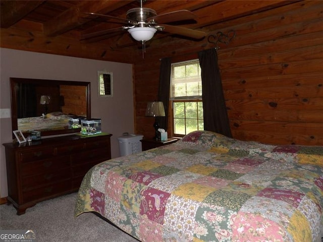 3096 Campground Rd, Winston, GA 30187 - bedroom with light carpet, a wood ceiling with exposed beams, and ceiling fan