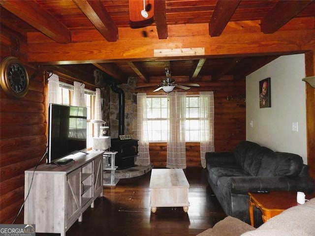 3096 Campground Rd, Winston, GA 30187 - living area with a wood stove, wood finished floors, healthy amount of natural light, a wooden ceiling with exposed beams, and ceiling fan