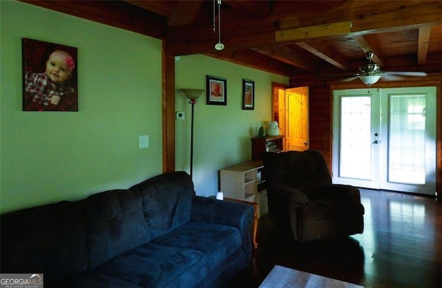 3096 Campground Rd, Winston, GA 30187 - living area featuring a ceiling fan and a wooden ceiling with exposed beams