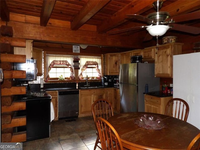 3096 Campground Rd, Winston, GA 30187 - kitchen with appliances with stainless steel finishes, a ceiling fan, dark countertops, a wooden ceiling with exposed beams, and tile patterned floors