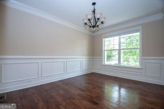 3020 Whitfield Ave, Cumming, GA 30040 - spare room with a chandelier, wainscoting, dark wood-style flooring, ornamental molding, and a decorative wall