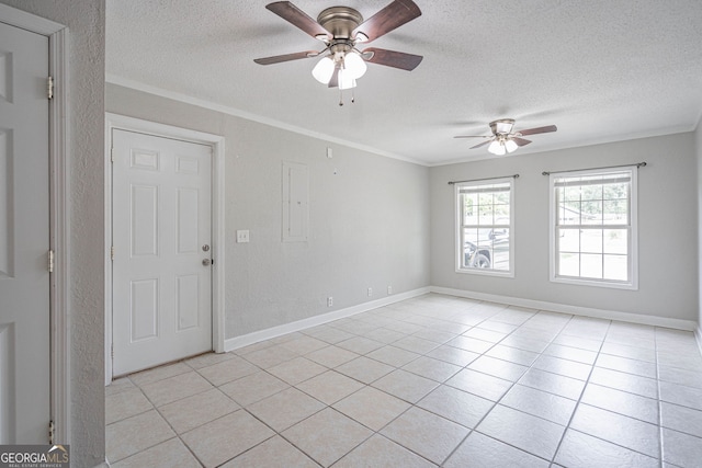 755 Madison Dr, Hinesville, GA 31313 - empty room featuring a textured ceiling, crown molding, a ceiling fan, light tile patterned flooring, and baseboards
