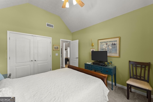 92 Isaiah Dr, Jefferson, GA 30549 - bedroom with vaulted ceiling, carpet flooring, a closet, ceiling fan, and baseboards