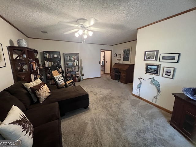 21 Cannon Cir NW, Cartersville, GA 30120 - carpeted living room featuring crown molding, ceiling fan, baseboards, and a textured ceiling