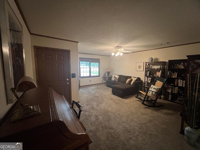 21 Cannon Cir NW, Cartersville, GA 30120 - living area with carpet, a textured ceiling, ceiling fan, ornamental molding, and baseboards