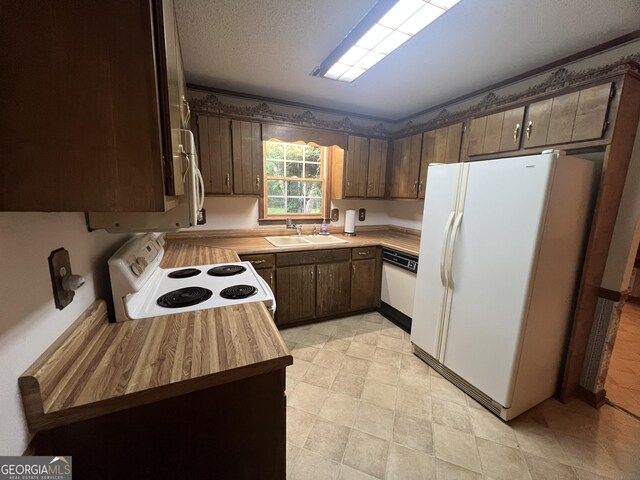 21 Cannon Cir NW, Cartersville, GA 30120 - kitchen featuring white appliances, a sink, wood counters, and dark brown cabinetry