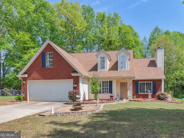 2040 Elm Grove Ln, Hampton, GA 30228 - cape cod home with a chimney, concrete driveway, a shingled roof, and brick siding