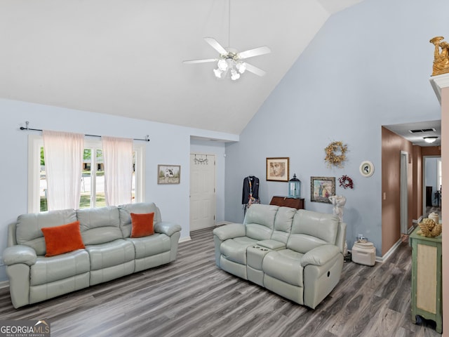 2040 Elm Grove Ln, Hampton, GA 30228 - living area featuring high vaulted ceiling, wood finished floors, baseboards, and ceiling fan