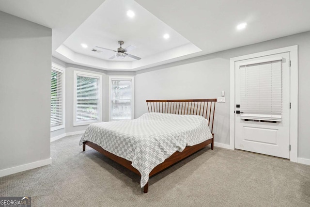 5535 Buck Hollow Dr, Alpharetta, GA 30005 - carpeted bedroom with recessed lighting, a raised ceiling, and ceiling fan