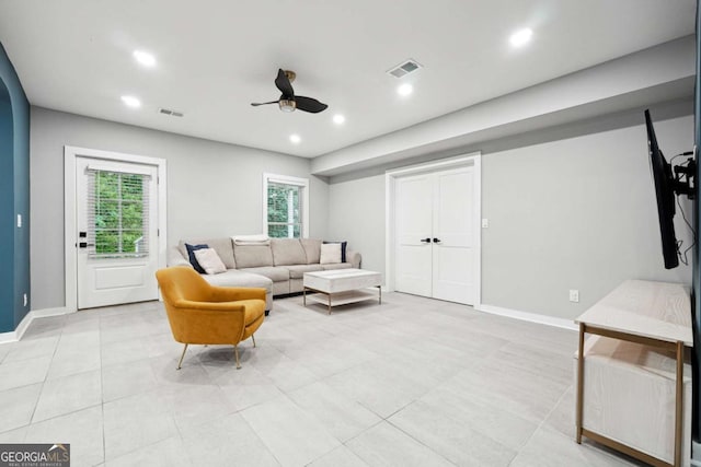 5535 Buck Hollow Dr, Alpharetta, GA 30005 - living room with ceiling fan, recessed lighting, and light tile patterned flooring
