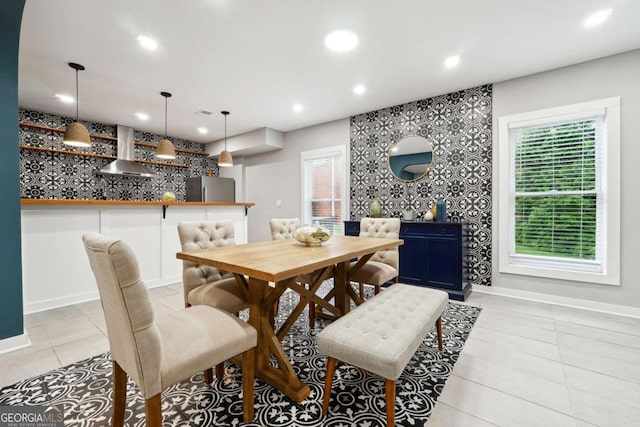 5535 Buck Hollow Dr, Alpharetta, GA 30005 - dining space with light tile patterned flooring, recessed lighting, and wallpapered walls