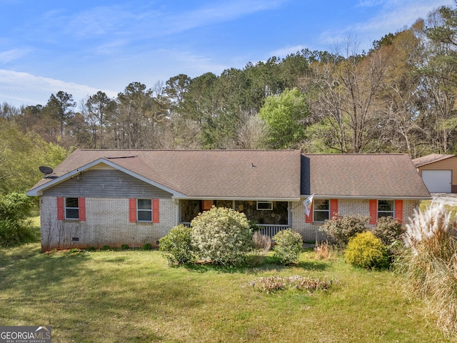1001 Stagecoach Rd, Stockbridge, GA 30281 - ranch-style house with brick siding, crawl space, a front lawn, and covered porch