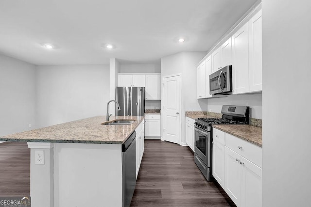 1998 Nuthatch Dr, Hoschton, GA 30548 - kitchen featuring appliances with stainless steel finishes, a sink, dark wood-style floors, light stone counters, and an island with sink