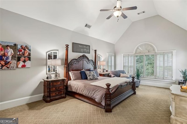 3665 Pennington Rd, Cumming, GA 30041 - bedroom featuring high vaulted ceiling, a ceiling fan, and carpet flooring