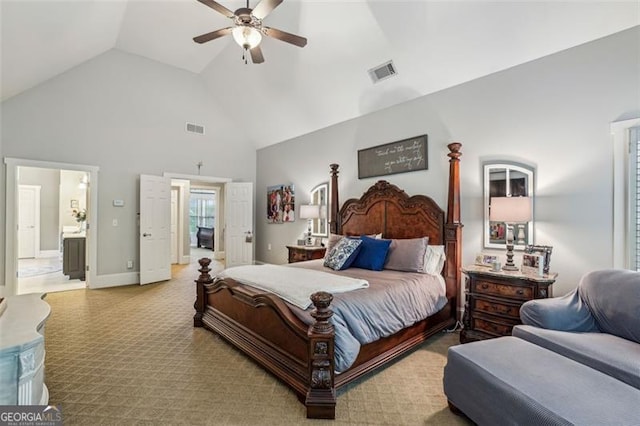 3665 Pennington Rd, Cumming, GA 30041 - bedroom with high vaulted ceiling, a ceiling fan, and baseboards
