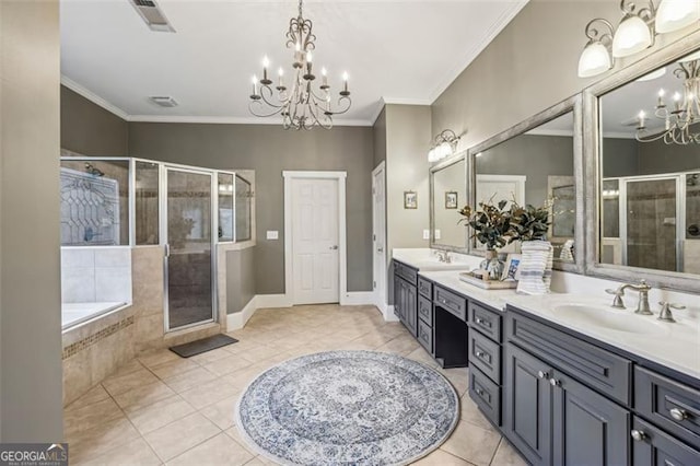 3665 Pennington Rd, Cumming, GA 30041 - full bathroom with a chandelier, double vanity, tile patterned flooring, a shower stall, and crown molding
